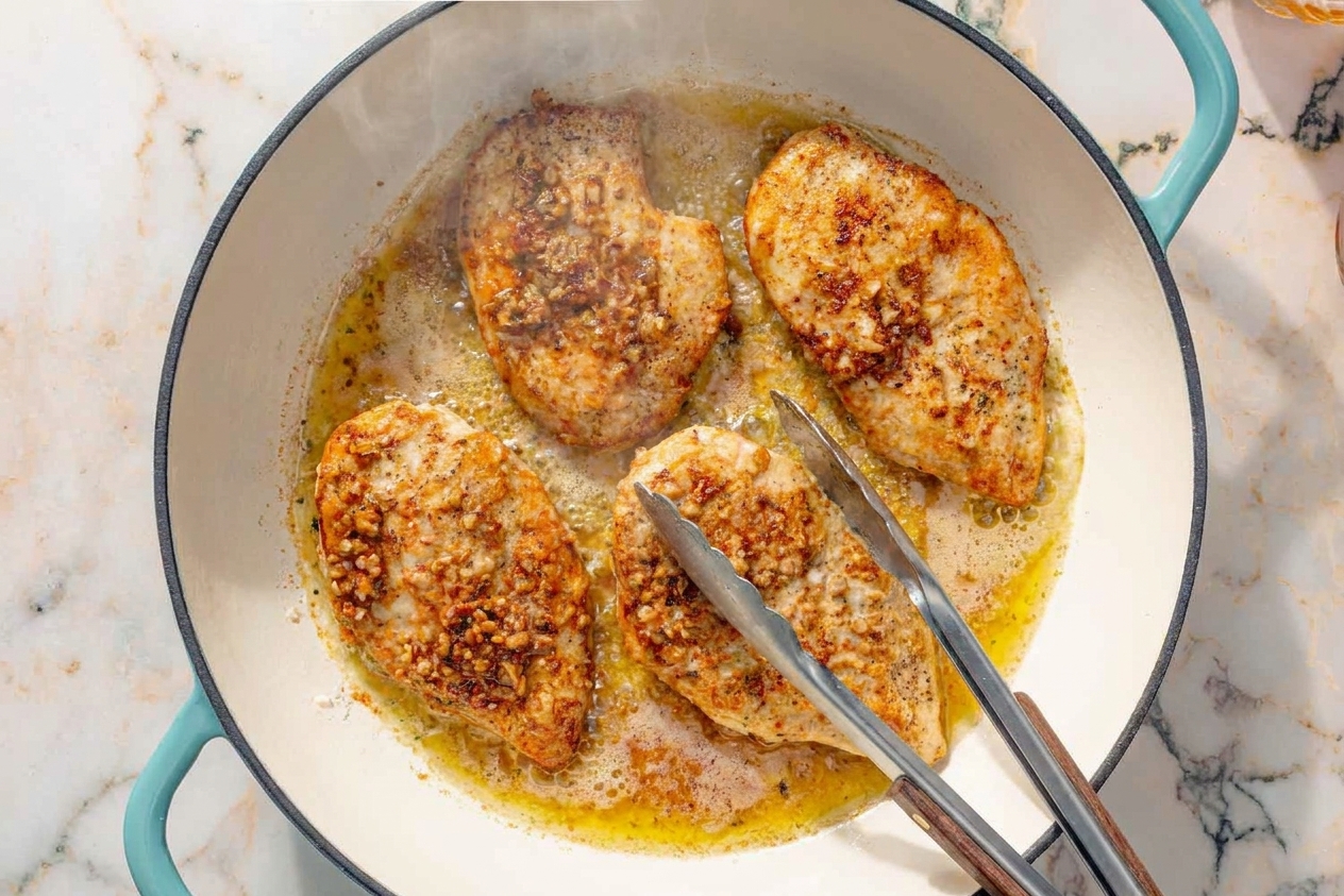 Chicken cutlets sizzling in a hot skillet as they turn golden brown, with a pair of tongs hovering above the pan