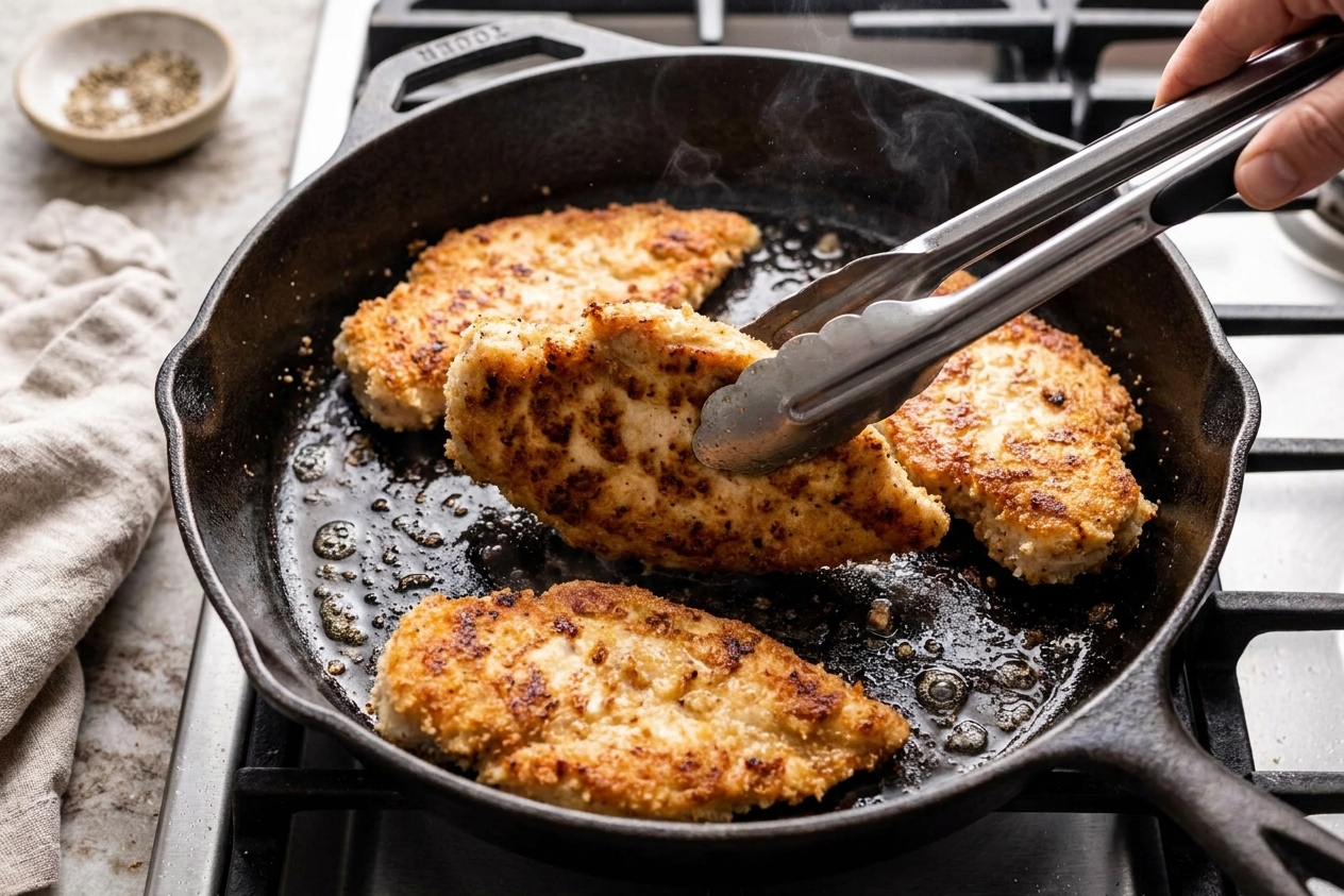 Chicken cutlets sizzling in a skillet with golden browned edges forming as a pair of tongs flips one piece on a stovetop