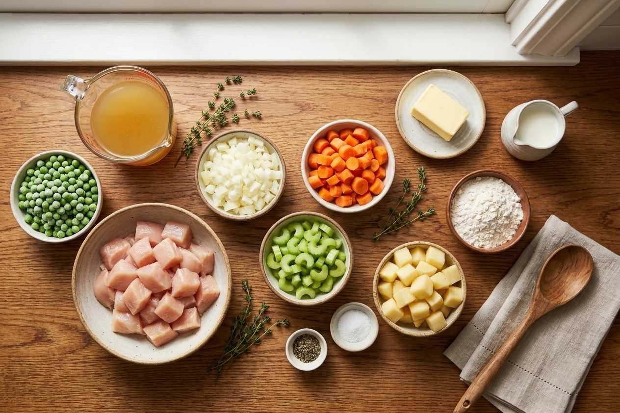 Chicken, diced onion, carrots, celery, potatoes, frozen peas, chicken broth, milk, butter, flour, and seasonings arranged on a bright kitchen counter