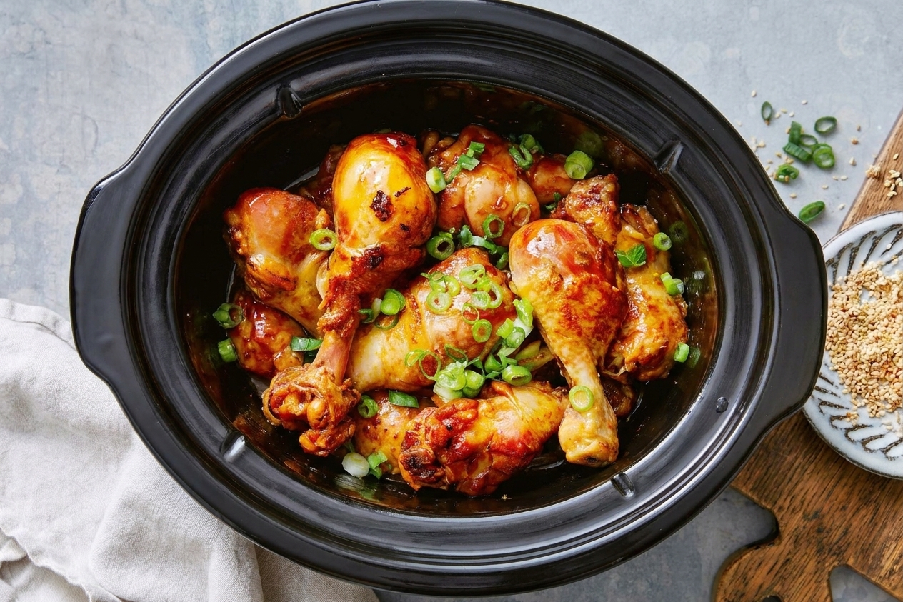 Chicken drumettes coated in sauce inside a slow cooker crock on a clean kitchen counter