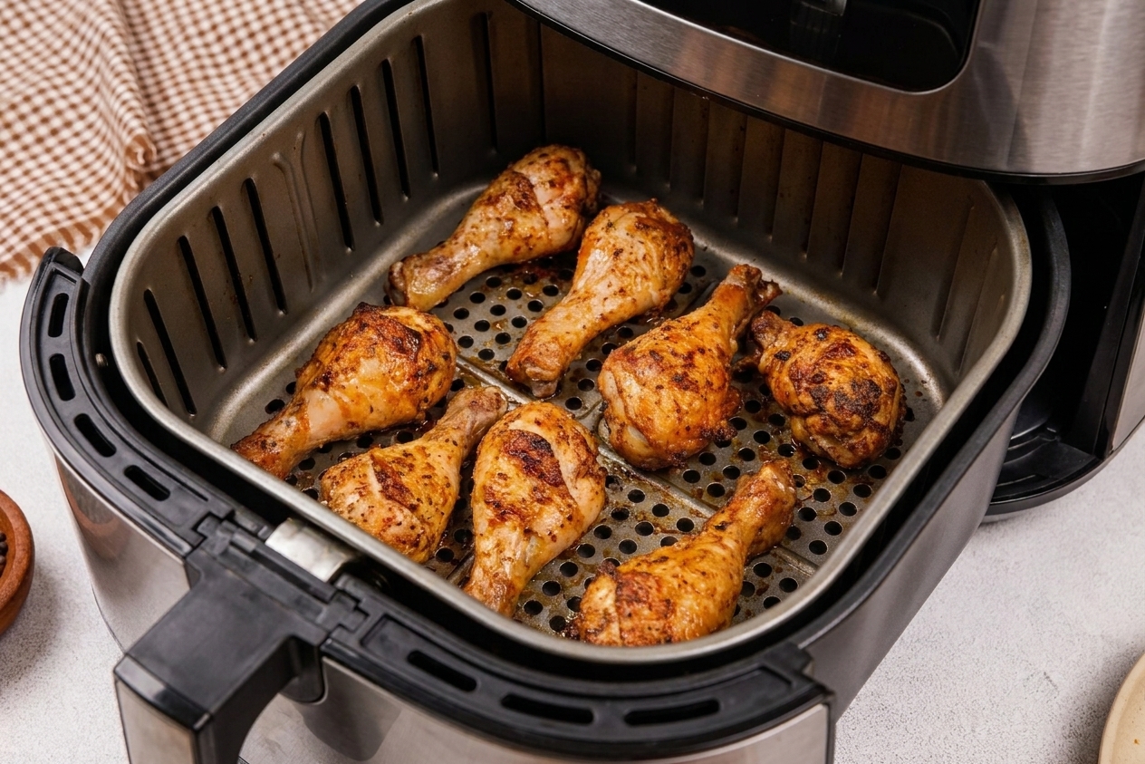 Chicken drumsticks arranged in a single layer inside an air fryer basket mid-cook with browned skin forming