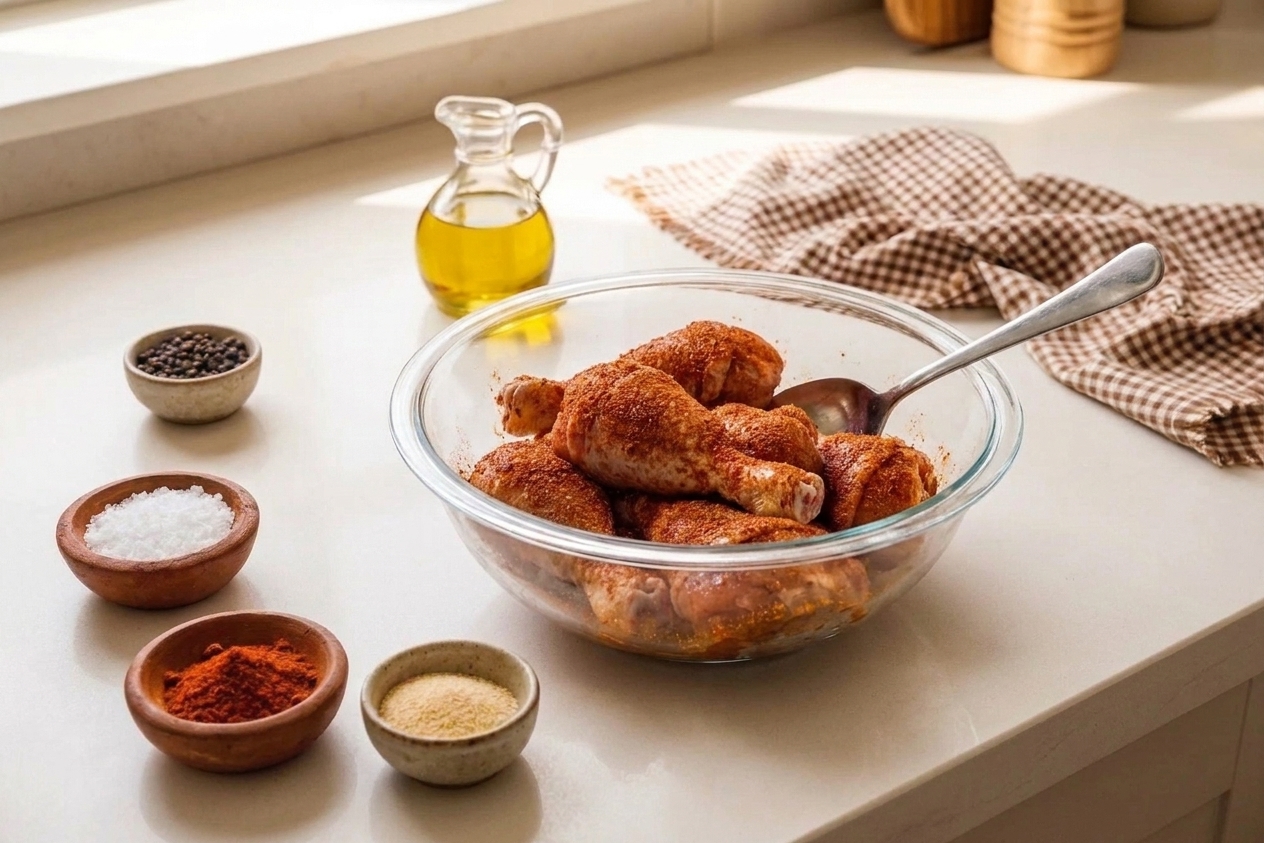 Chicken drumsticks coated in a reddish spice rub in a glass mixing bowl with a spoon resting nearby on a kitchen counter