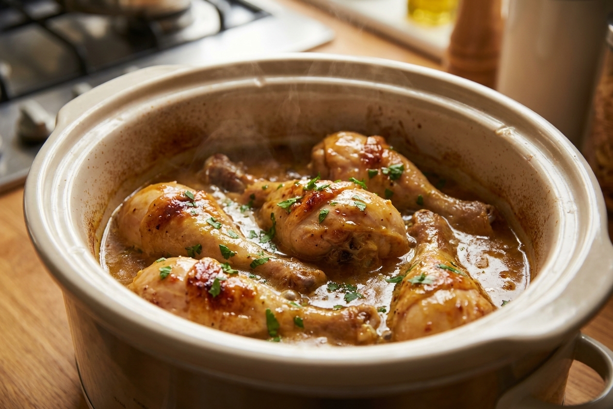 Chicken drumsticks nestled in a slow cooker crock covered in honey mustard sauce mid-cook on a kitchen counter