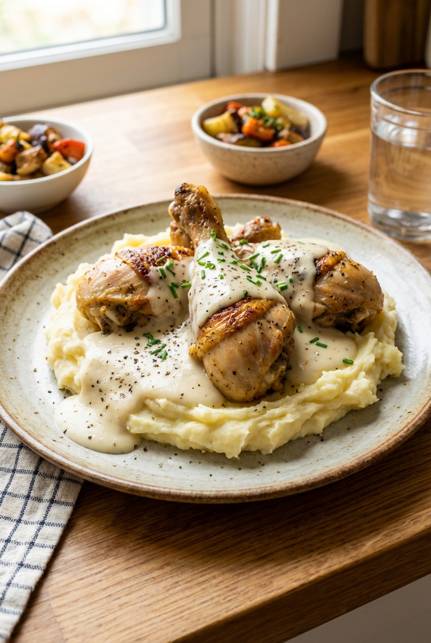 Chicken drumsticks plated over mashed potatoes with creamy sauce spooned on top