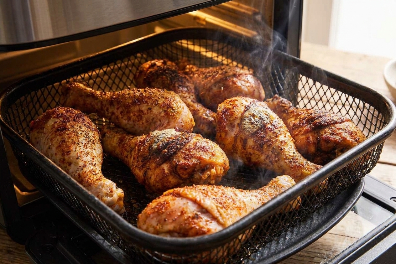 Chicken drumsticks sizzling and browning inside an air fryer basket mid-cook with visible crisping skin