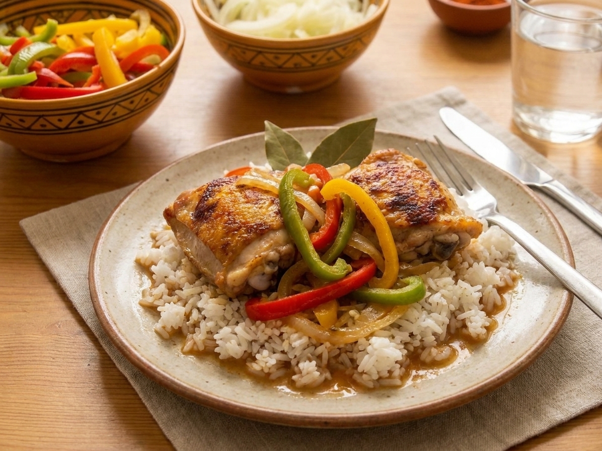 Chicken escabeche served over white rice with onions and peppers spooned on top at a simple dinner table setting