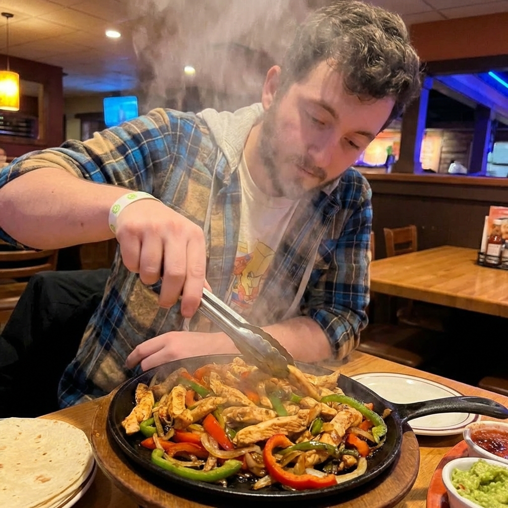 Chicken fajitas sizzling in a hot skillet with peppers and onions