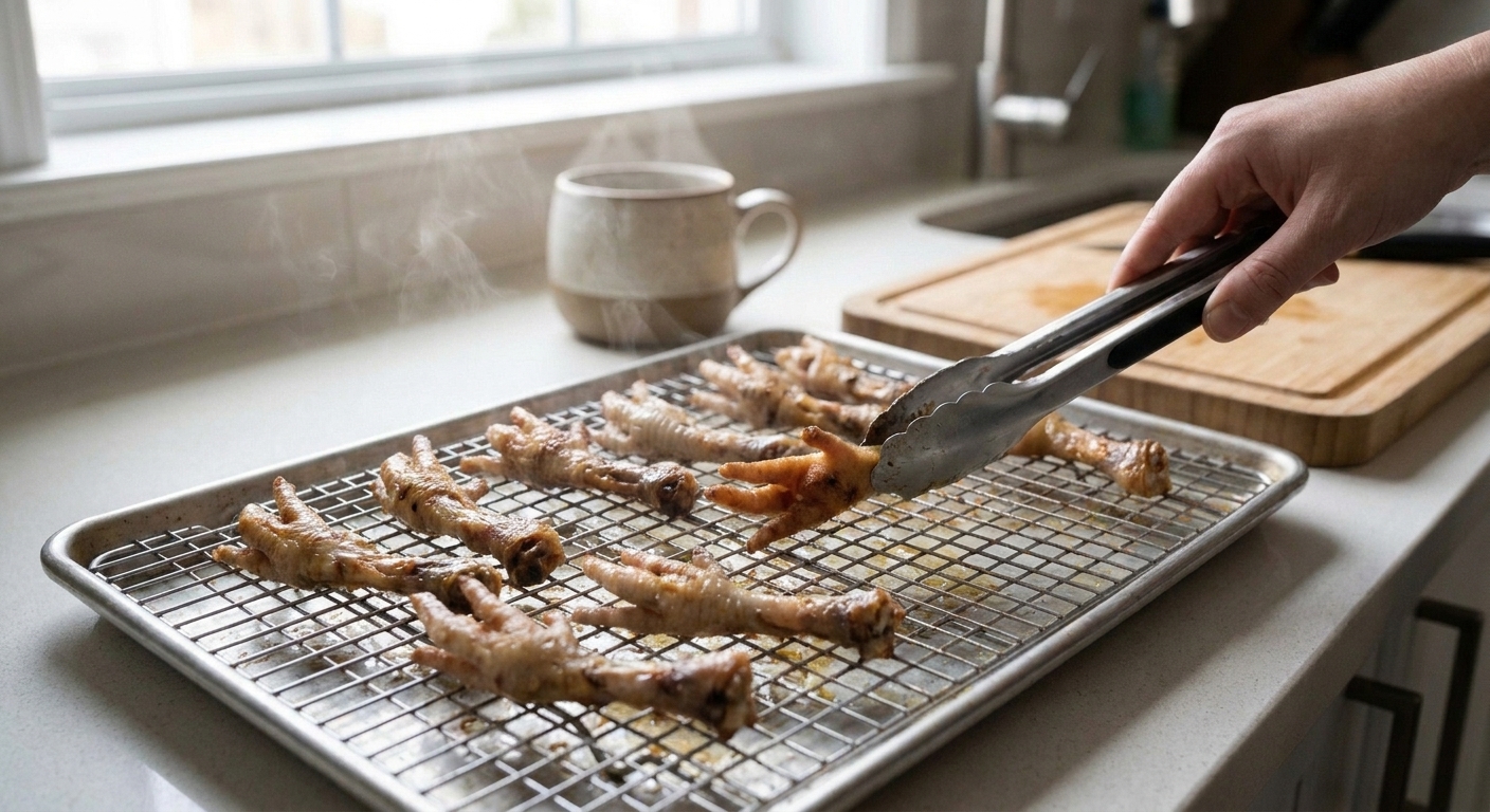 Chicken feet arranged on a wire rack over a sheet pan, lightly browned and crisping in a home kitchen setup