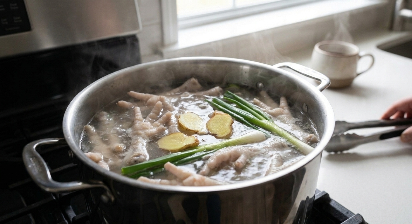 Chicken feet blanching in a large pot of simmering water with ginger slices and scallions floating on the surface on a stovetop
