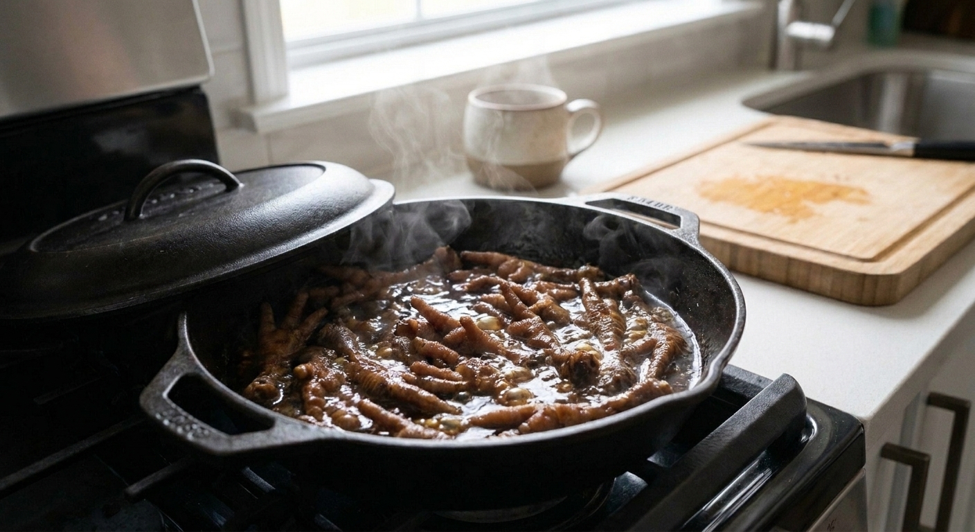 Chicken feet simmering in a thick dark sauce inside a Dutch oven with steam rising and the lid resting slightly ajar
