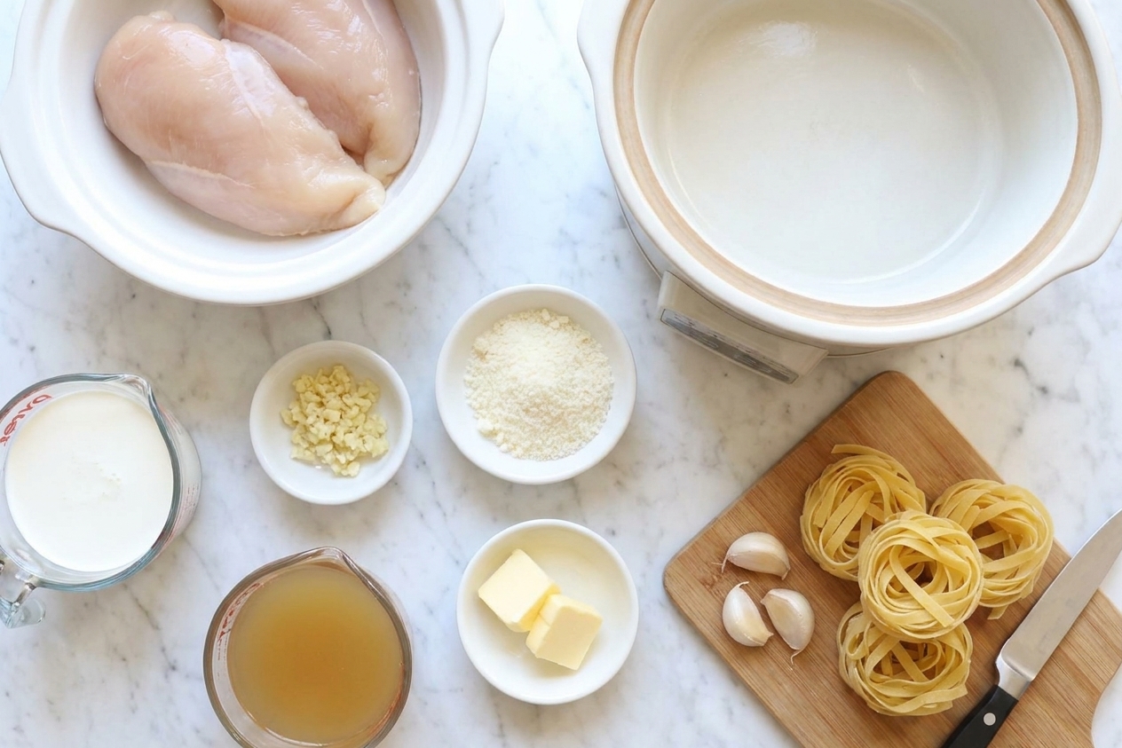 Chicken, garlic, Parmesan, heavy cream, chicken broth, butter, and fettuccine arranged on a kitchen counter beside a slow cooker
