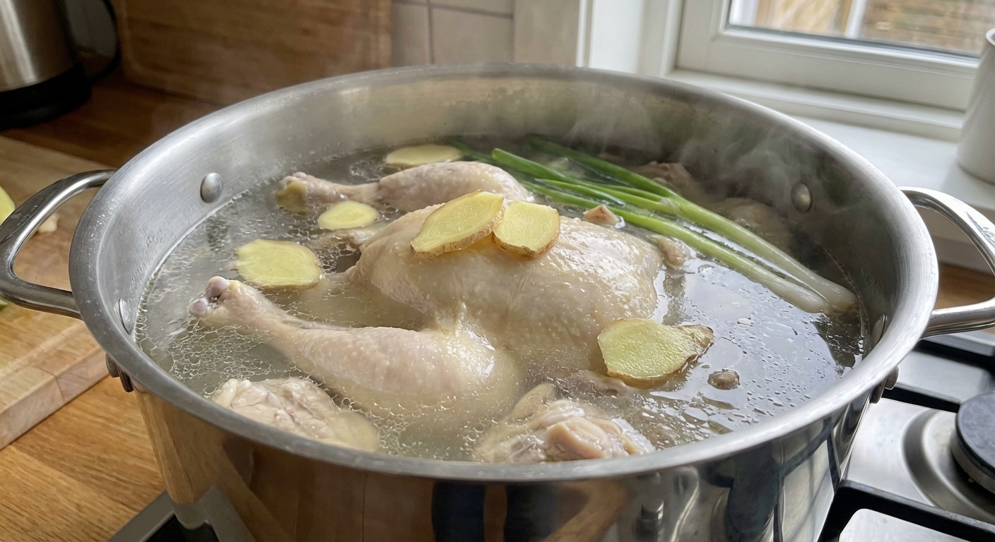 Chicken gently poaching in a pot with ginger and scallions floating on the surface