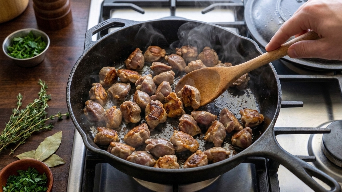 Chicken gizzards browning in a hot cast iron skillet with visible golden crust forming on the edges