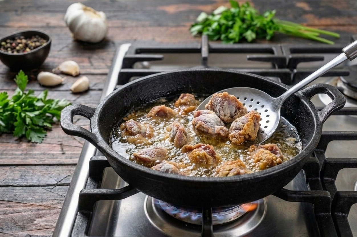 Chicken gizzards frying in hot oil in a cast iron skillet with bubbling oil and a golden coating forming