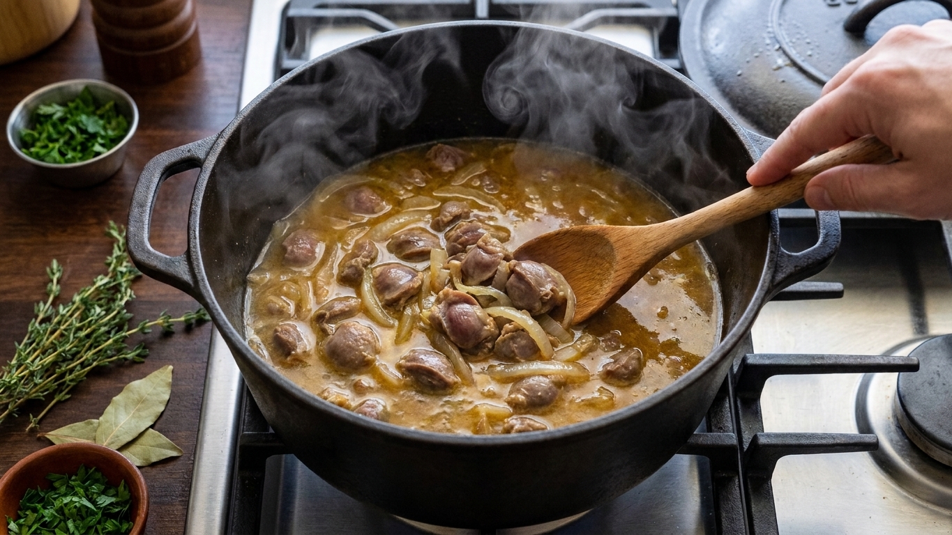 Chicken gizzards gently simmering in a pot with sliced onions and broth, steam rising on a stovetop during the braise