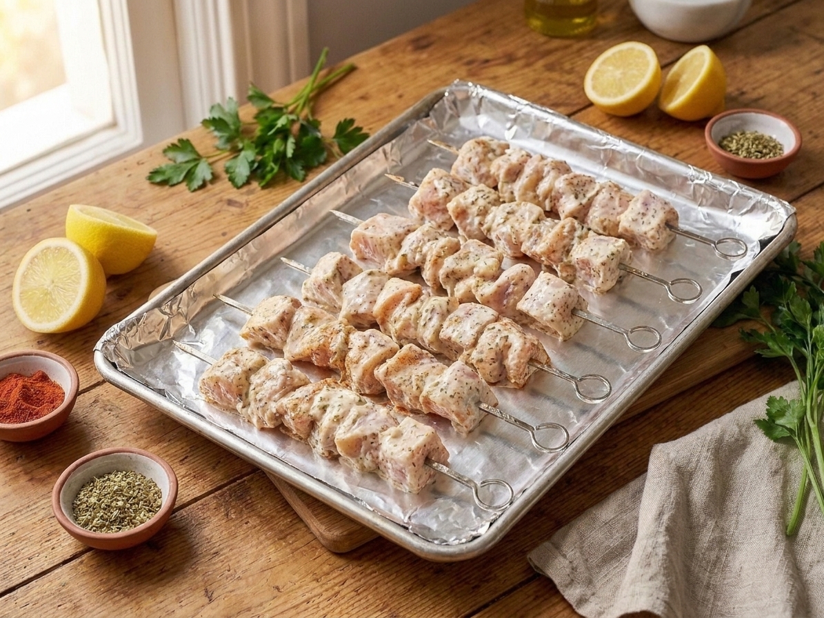 Chicken kabab skewers arranged on a foil-lined sheet pan in a home kitchen