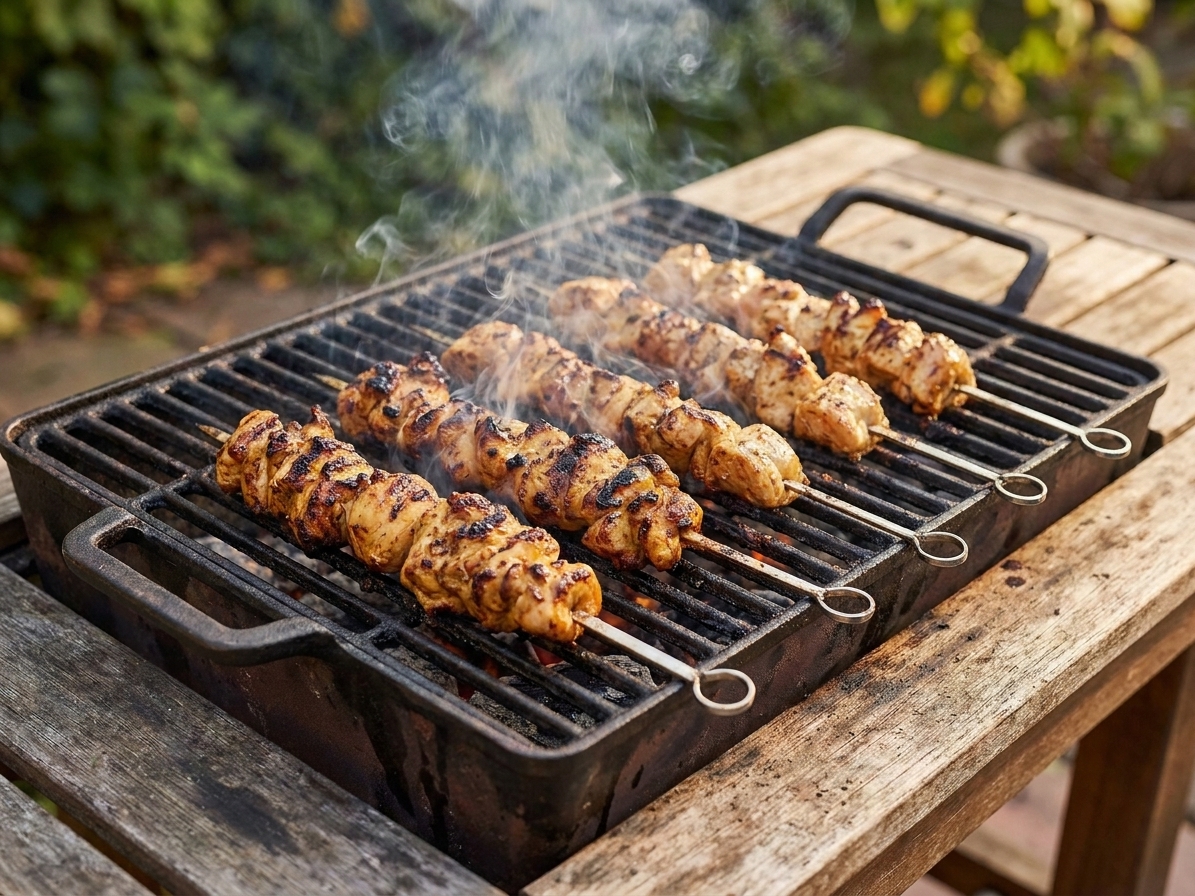 Chicken kabab skewers cooking on a backyard grill with visible char marks and light smoke