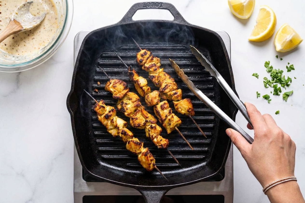 Chicken kababs cooking on a hot grill with visible char marks and gentle smoke rising, tongs resting nearby