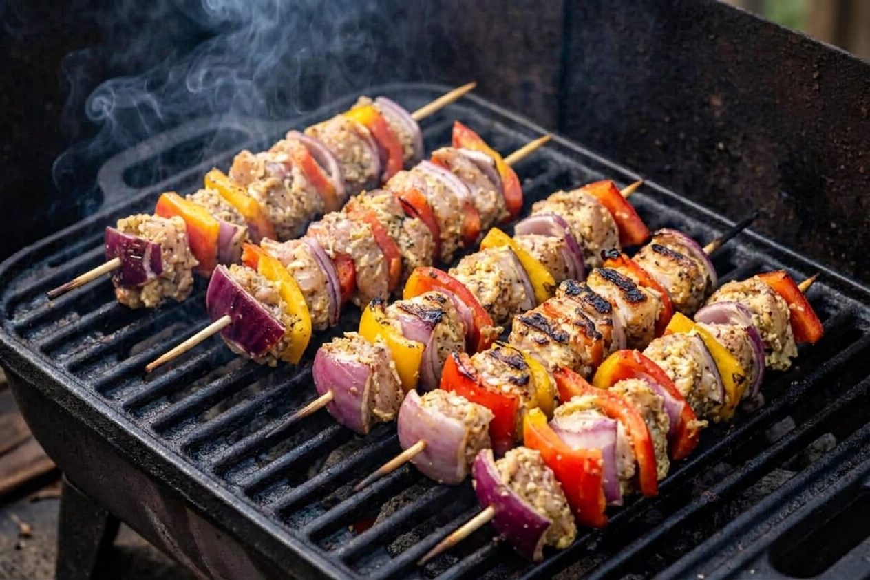 Chicken kababs cooking on a hot outdoor grill with light smoke and visible char marks forming on the meat