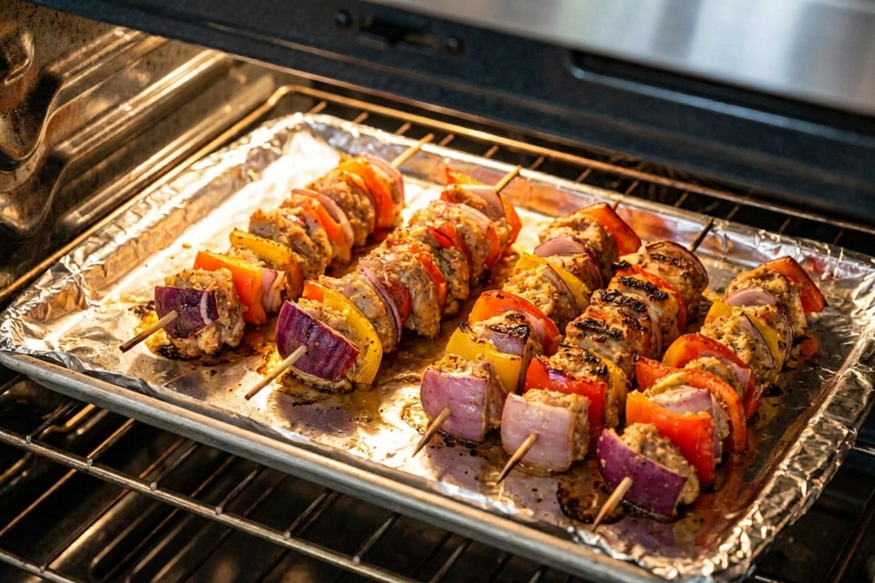 Chicken kababs on a foil-lined sheet pan under bright oven light with browned edges forming