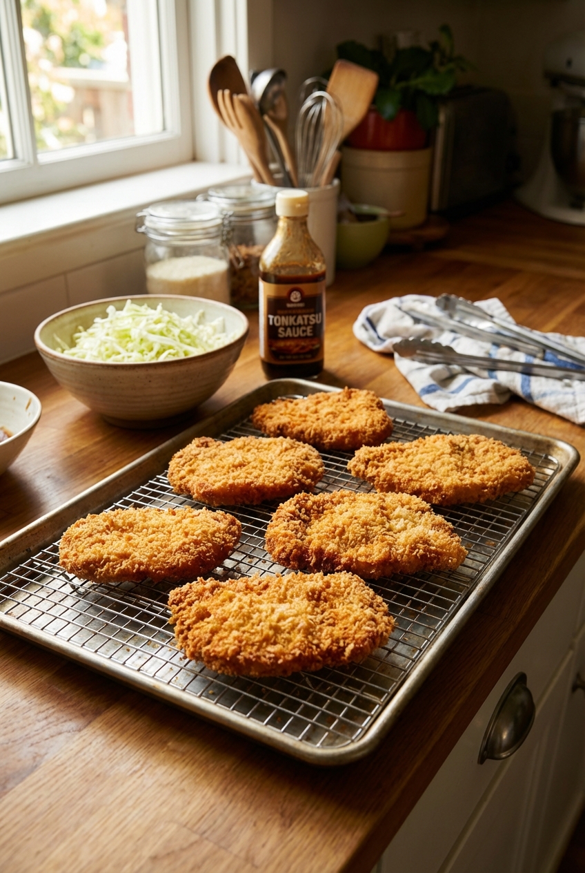 Chicken katsu cutlets cooling on a wire rack over a baking sheet in a home kitchen