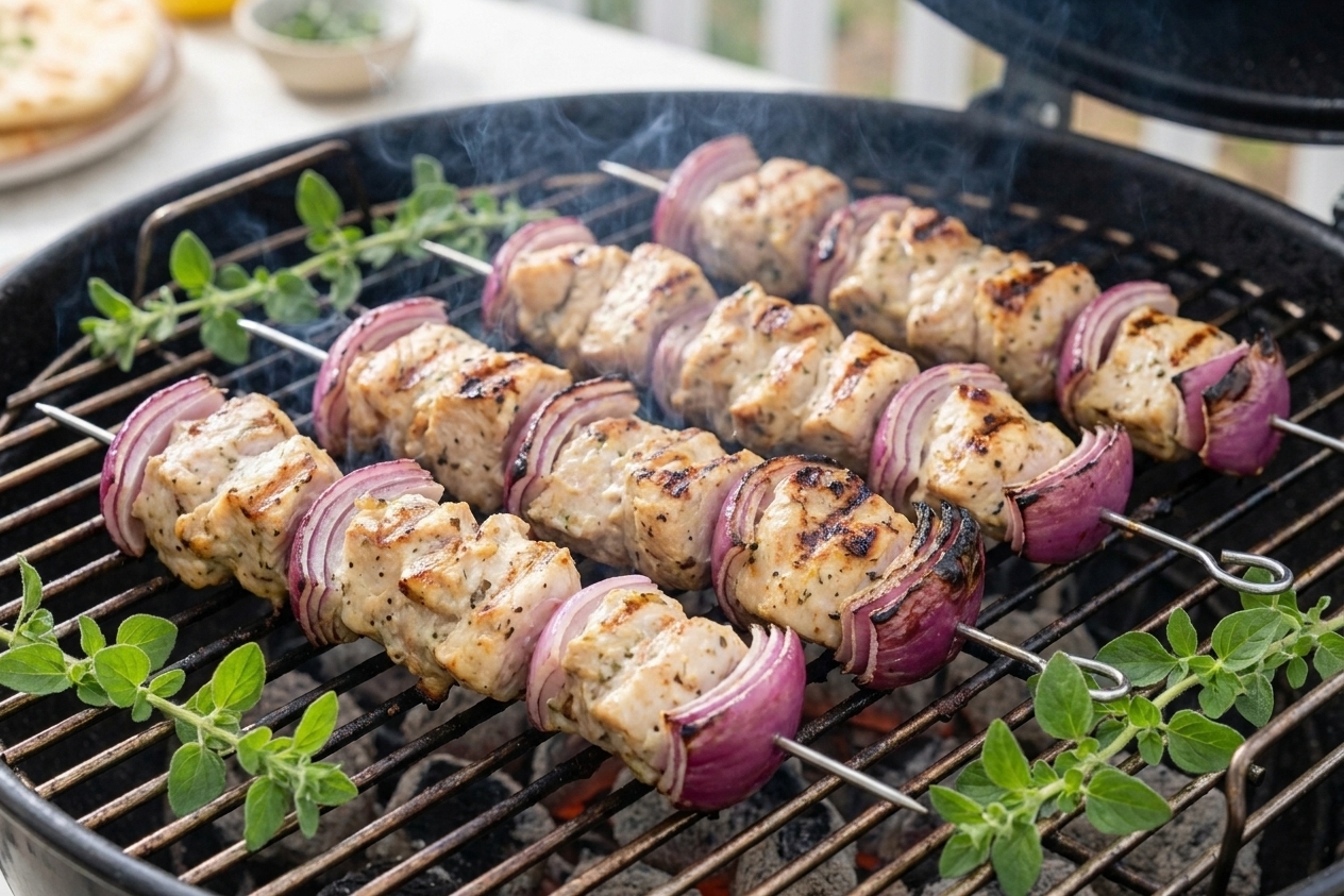 Chicken kebabs cooking on a backyard grill with light char marks forming and vegetables blistering