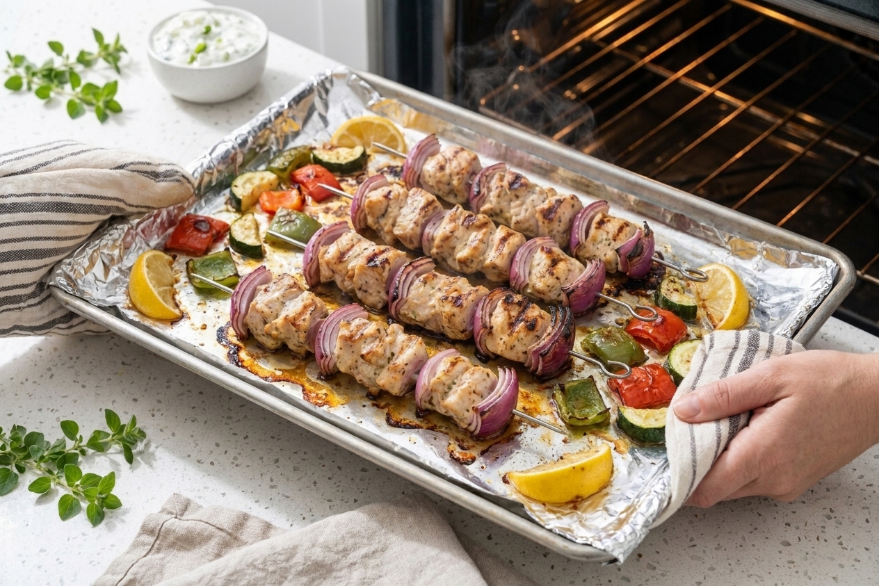 Chicken kebabs on a foil-lined sheet pan coming out of the oven with browned edges and roasted vegetables