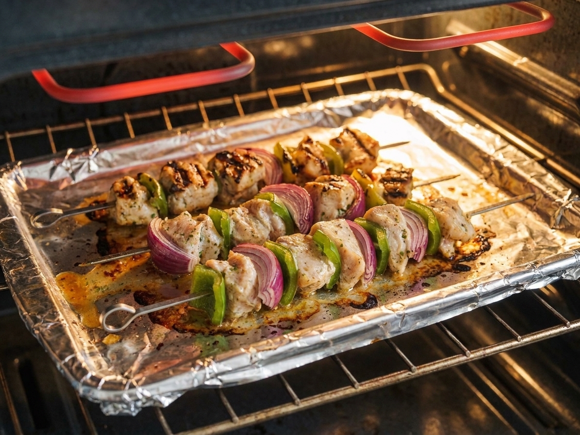 Chicken kebabs on a foil-lined sheet pan under a home oven broiler with visible browning on the chicken edges