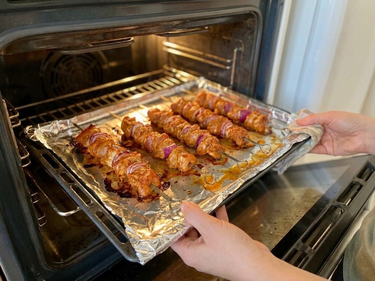 Chicken kebabs on skewers browning on a foil-lined sheet pan under an oven broiler with visible caramelized edges