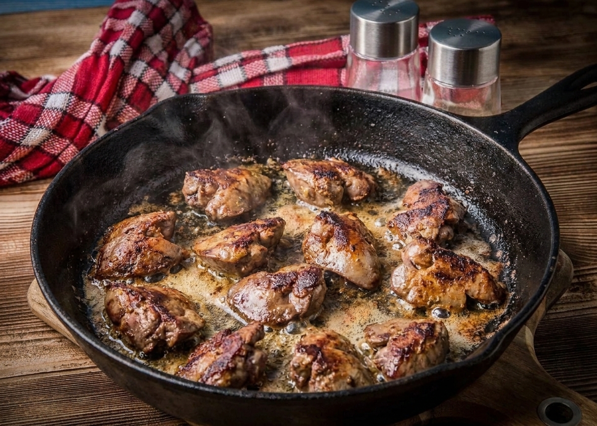 Chicken livers browning in a hot cast iron skillet with sizzling butter, showing crisp edges forming