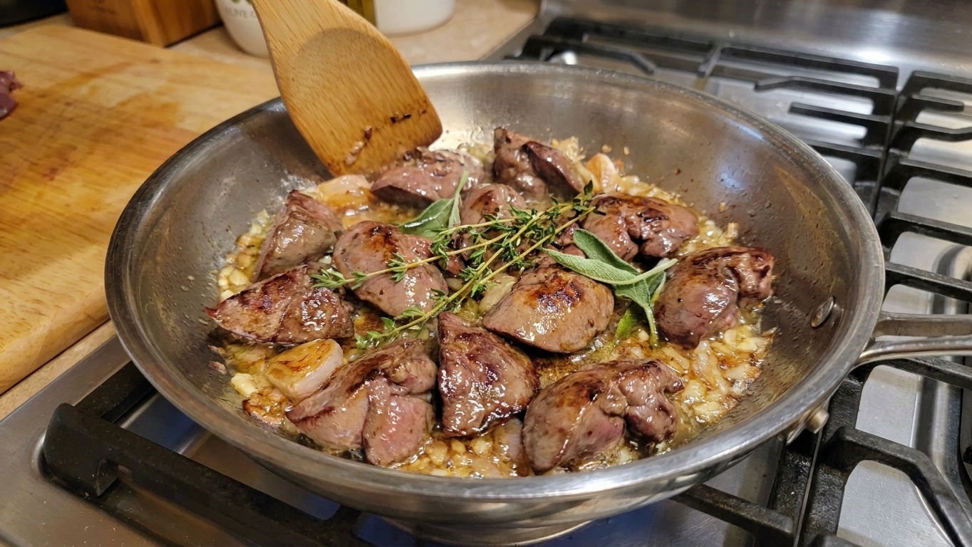 Chicken livers browning in a skillet with shallots and herbs, showing caramelized edges and a glossy surface