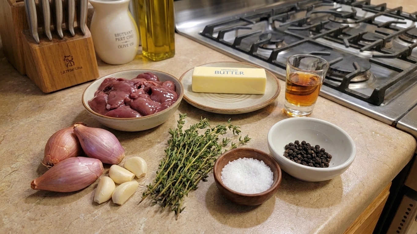 Chicken livers, shallots, garlic, butter, thyme, salt, pepper, and a small glass of brandy arranged on a clean kitchen counter