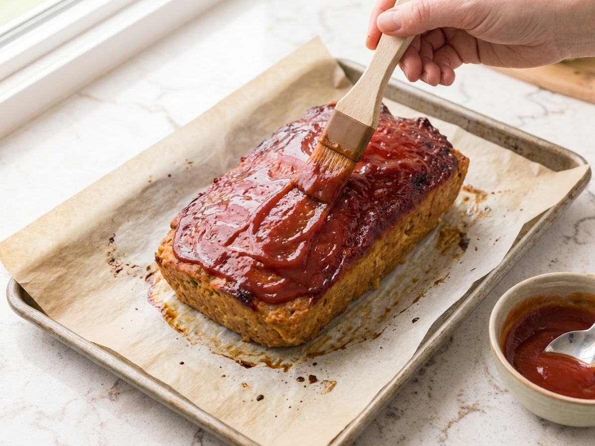Chicken meatloaf on a parchment-lined sheet pan being brushed with ketchup glaze before returning to the oven