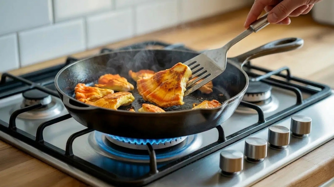 Chicken of the woods mushrooms browning in a skillet with crisp golden edges forming as a spatula flips a piece