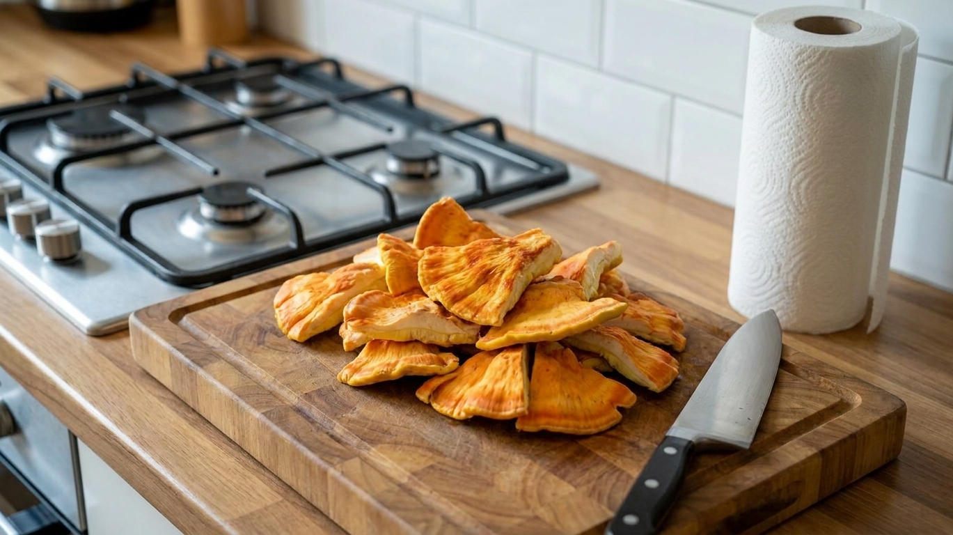 Chicken of the woods mushrooms sliced into thick strips on a cutting board with a chef's knife and paper towels nearby on a home kitchen counter