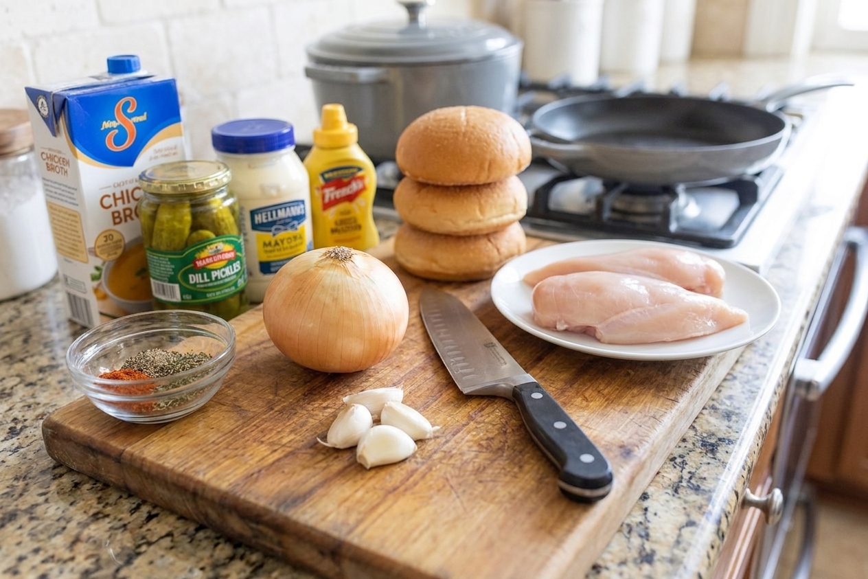 Chicken, onion, garlic, spices, broth, pickles, mayo, mustard, and buns arranged on a kitchen counter with a cutting board