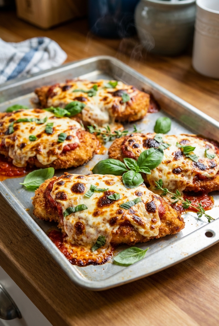 Chicken parmesan on a sheet pan right after broiling with bubbling mozzarella, browned spots, and fresh basil scattered on top
