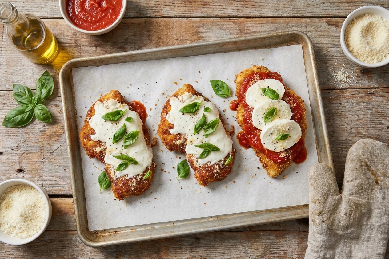 Chicken parmigiana cutlets on a baking sheet topped with marinara and mozzarella, just before going into the oven
