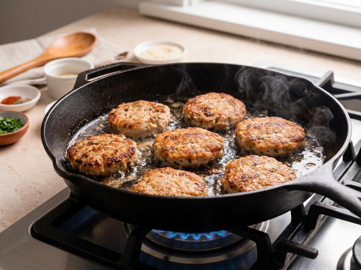 Chicken patties sizzling in a cast iron skillet with golden browned edges forming on a stovetop