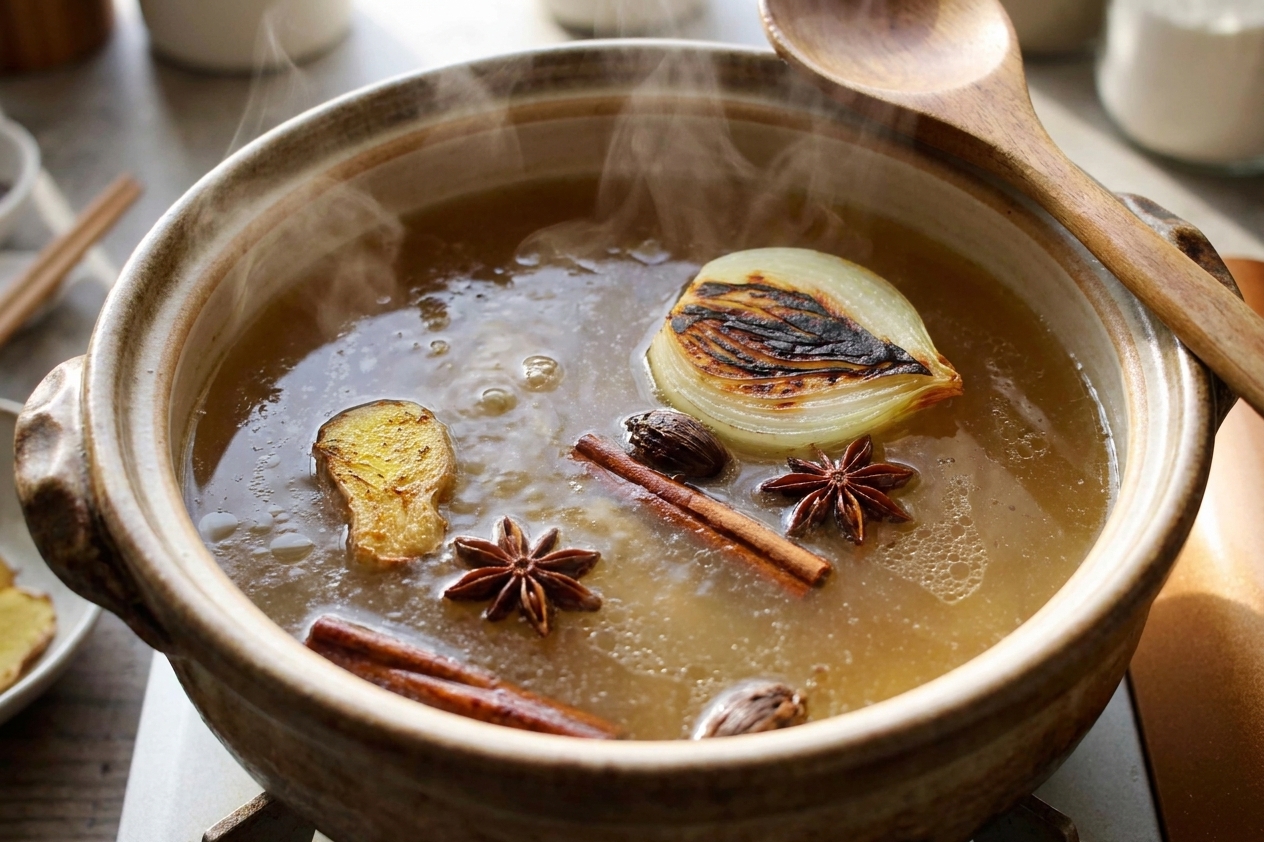 Chicken pho broth gently simmering in a large pot with visible onion, ginger, and whole spices floating near the surface