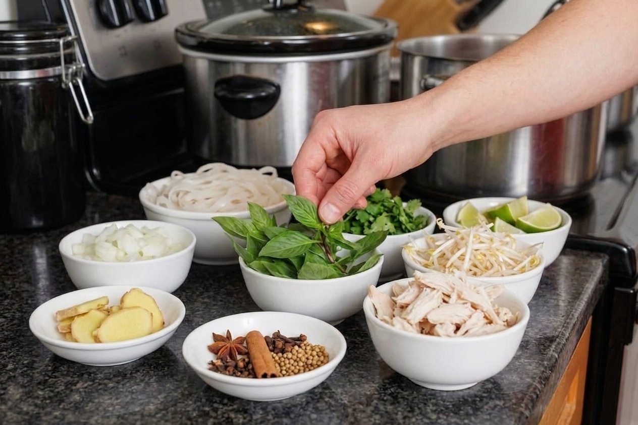 Chicken pho ingredients arranged on a clean kitchen counter including onion, ginger, spices, chicken, rice noodles, herbs, limes, and bean sprouts in small bowls
