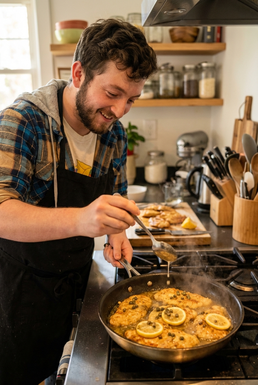 Chicken piccata cutlets simmering in a skillet with lemon caper sauce as a spoon drizzles sauce over the top