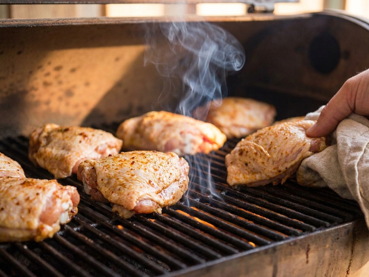 Chicken pieces arranged skin-side up on hot smoker grates with a faint wisp of smoke rising