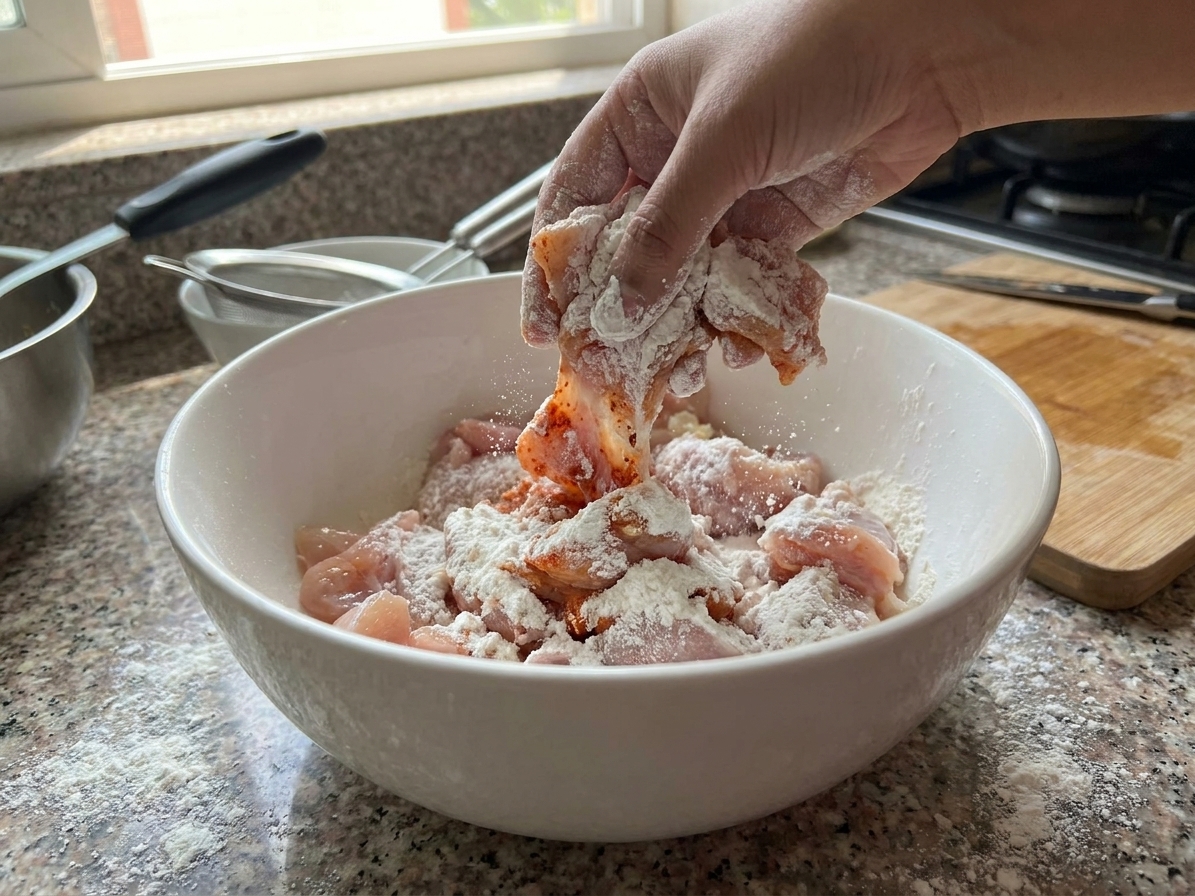 Chicken pieces being tossed in a bowl of cornstarch and rice flour coating on a kitchen counter