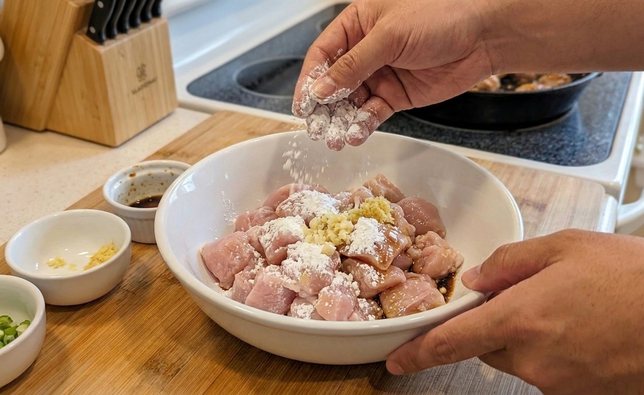 Chicken pieces being tossed in a bowl with cornstarch and seasonings on a kitchen counter