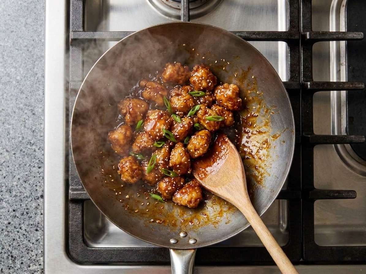Chicken pieces being tossed quickly in a hot wok with thick glossy General Tso sauce, with steam rising over a stovetop