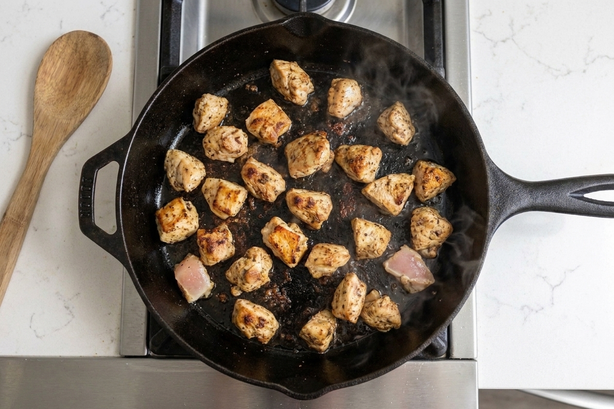 Chicken pieces browning in a cast iron skillet with visible golden edges and light sizzling