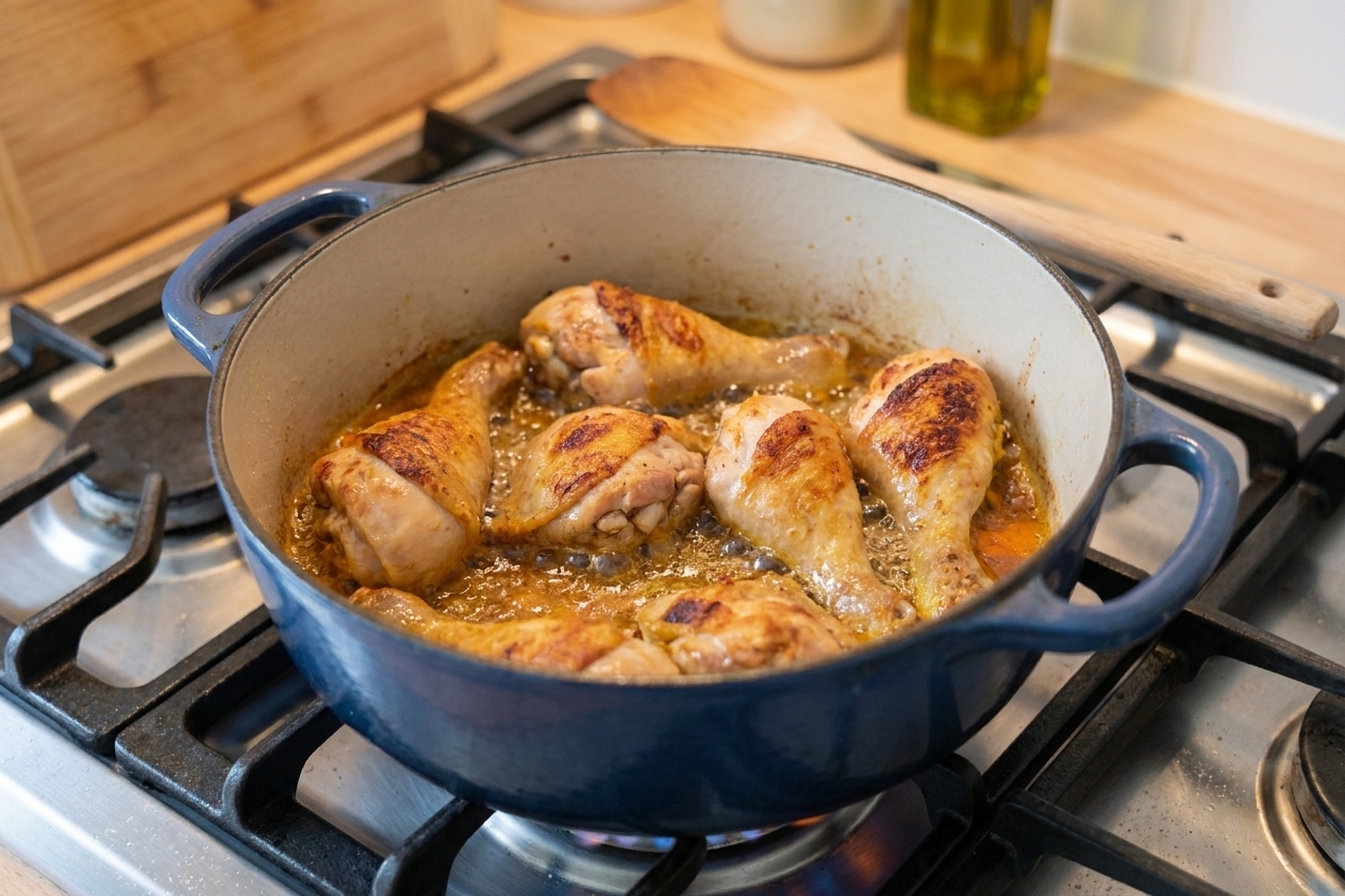 Chicken pieces browning in a heavy Dutch oven on a stovetop with golden edges forming