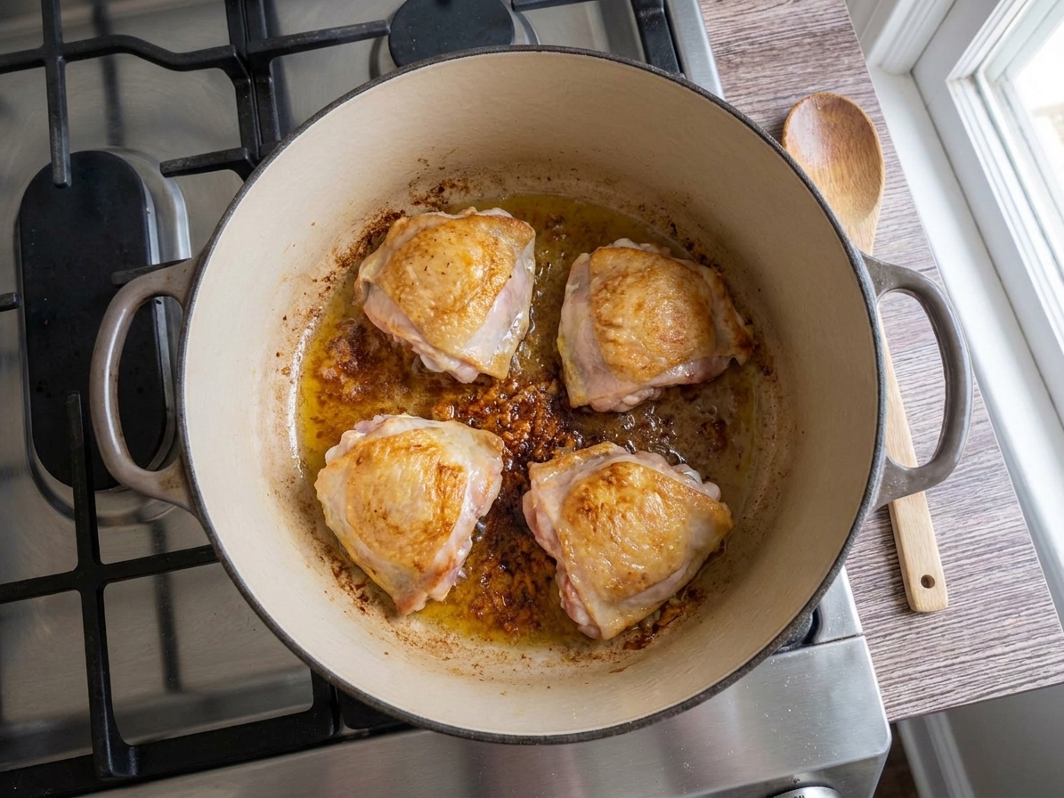 Chicken pieces browning in a heavy pot on a stovetop with golden bits forming on the bottom