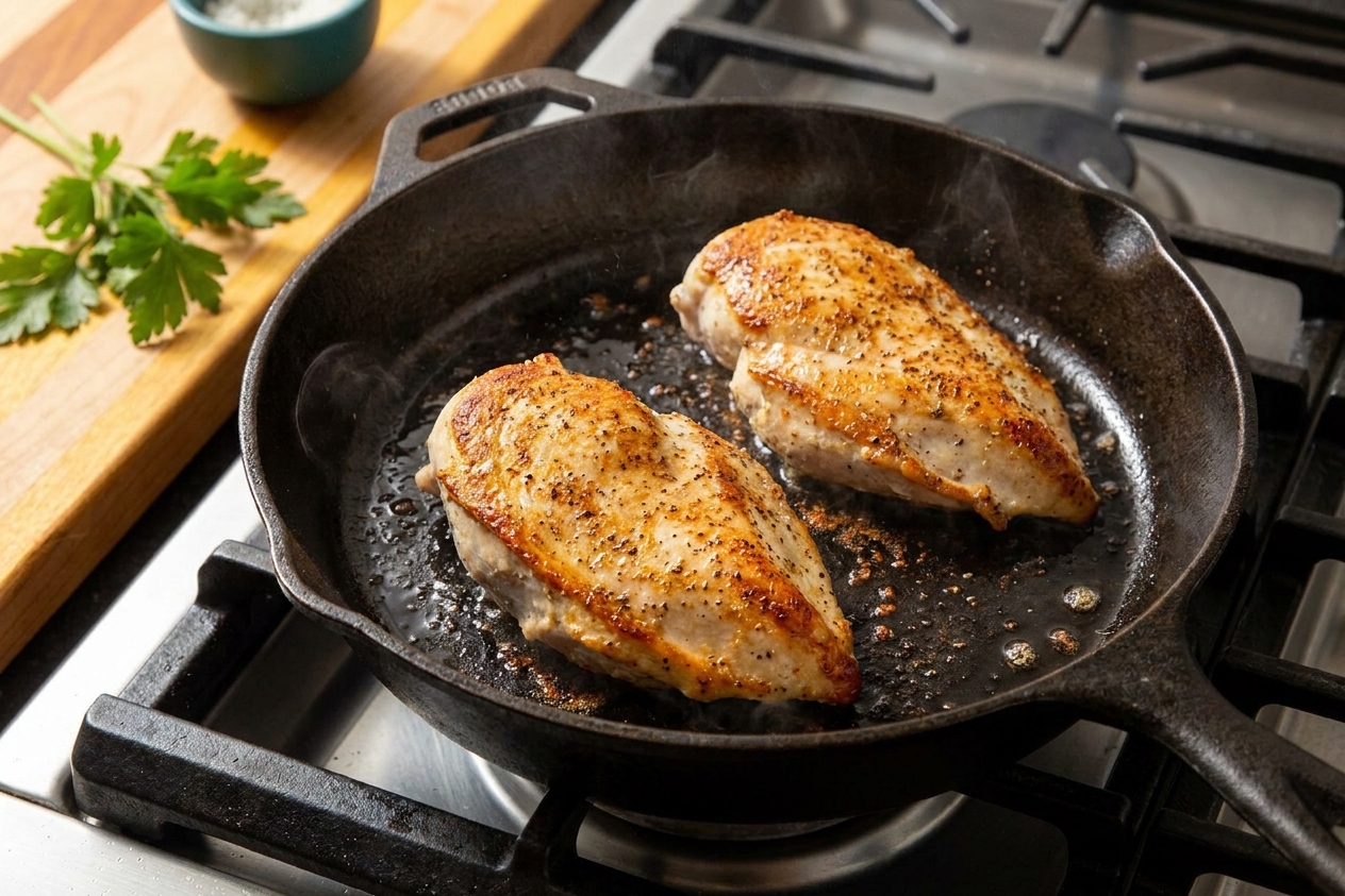Chicken pieces browning in a hot cast iron skillet with crispy golden edges forming on a home stove